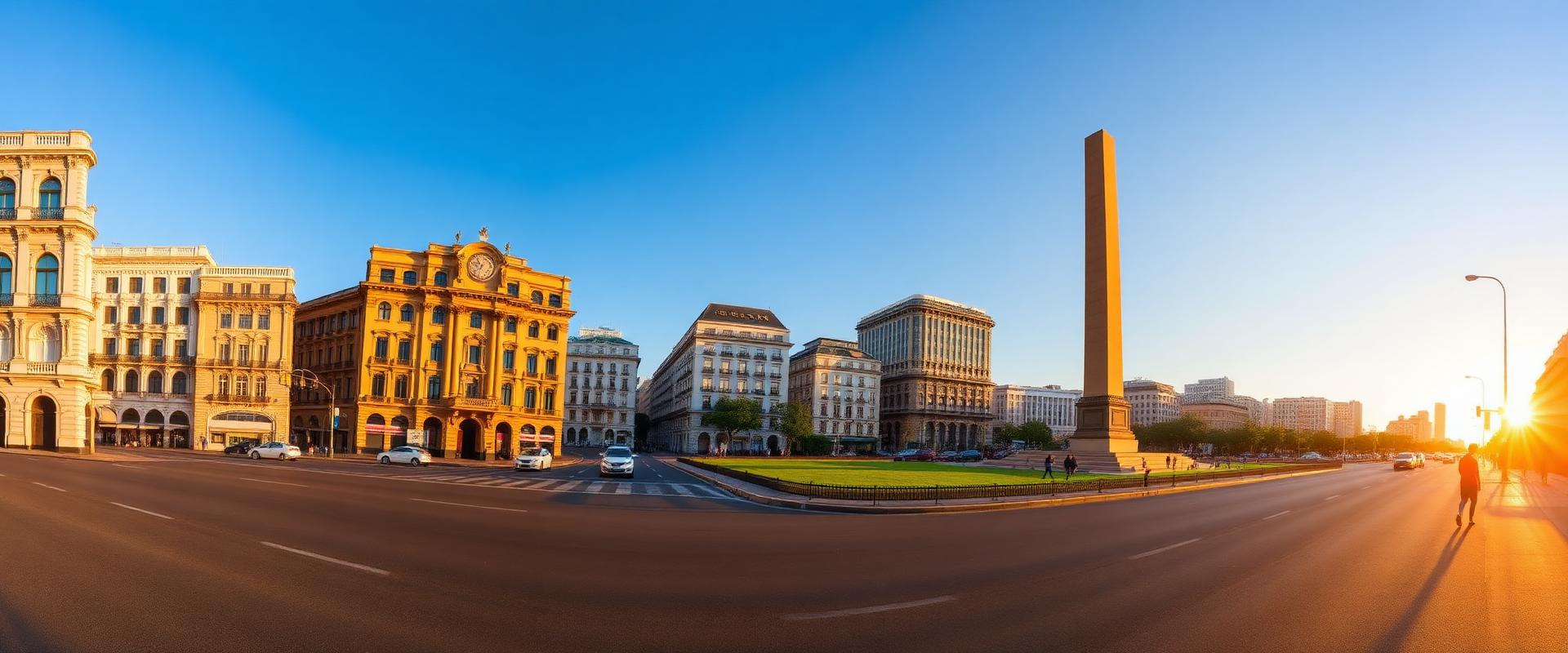 Vista panorâmica da avenida 9 de Julho com o Obelisco de Buenos Aires ao pôr do sol