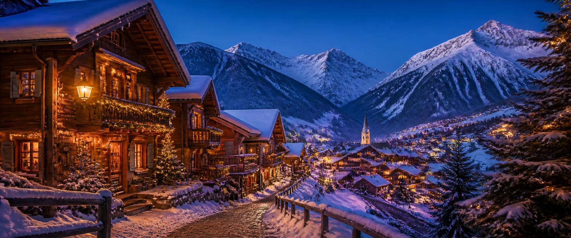Vila alpina de inverno com cabanas de madeira cobertas de neve e luzes quentes