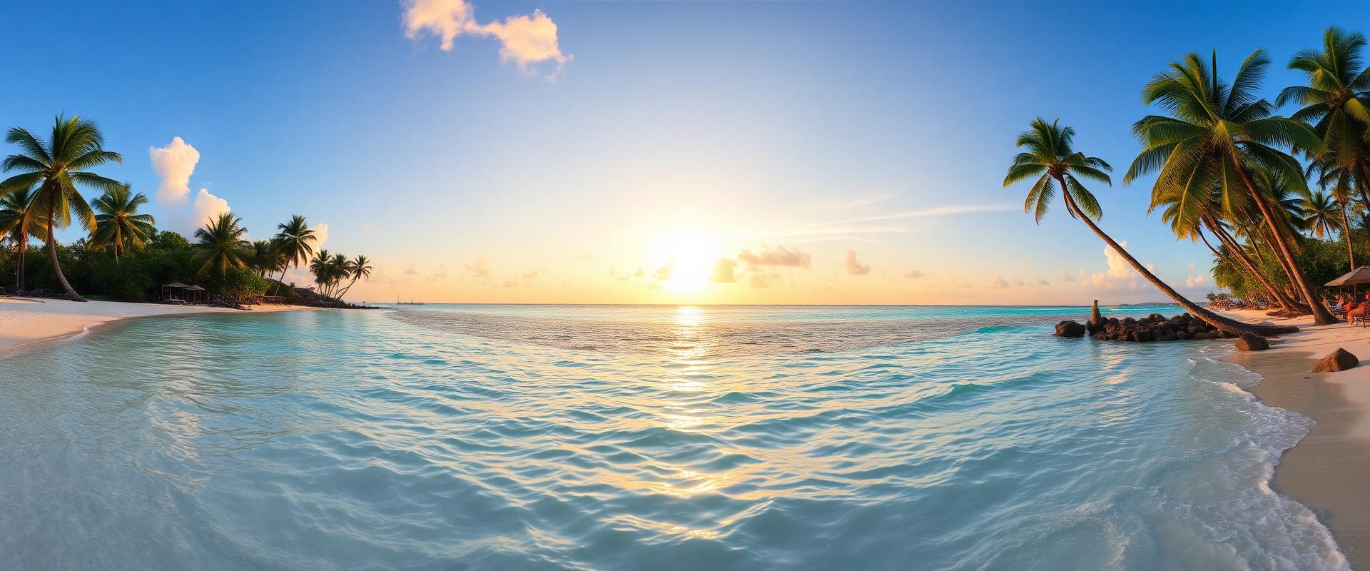 Praia tropical ao pôr do sol com coqueiros e mar azul